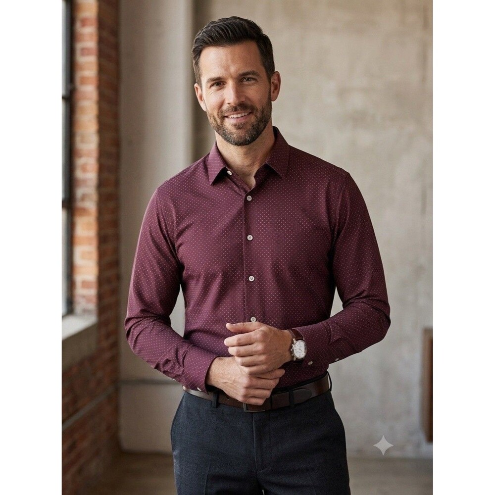 Mizzen+Main Men Medium Leeward Burgundy Dot Performance Stretch Dress Shirt